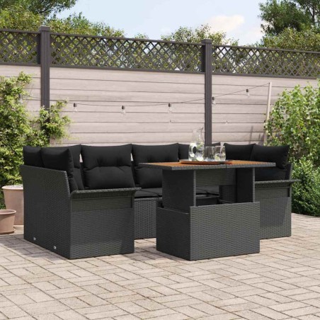 vidaXL Set di divani da giardino 7 pezzi con cuscini in rattan polyrattan nero e legno di acacia