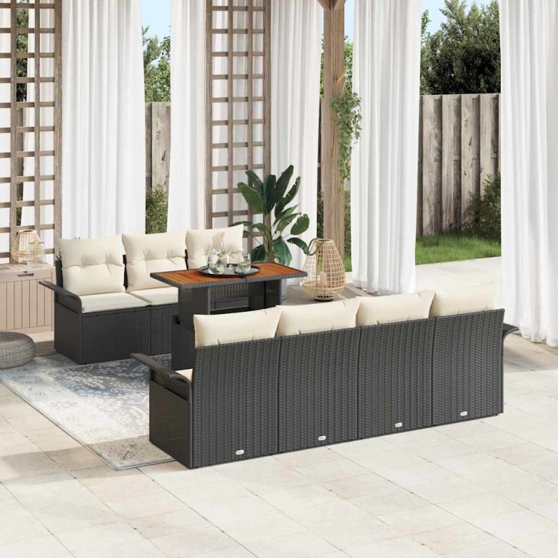 vidaXL Set Divano da Giardino 8 Pezzi con Cuscini Neri in Rattan Sintetico Acacia