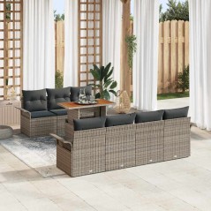 vidaXL Set di divani per il giardino da 8 pezzi con cuscini grigi in polyrattan e legno di acacia.
