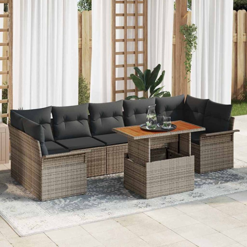 vidaXL Set giardino 8 pezzi con cuscini in polirattan grigio, legno di acacia