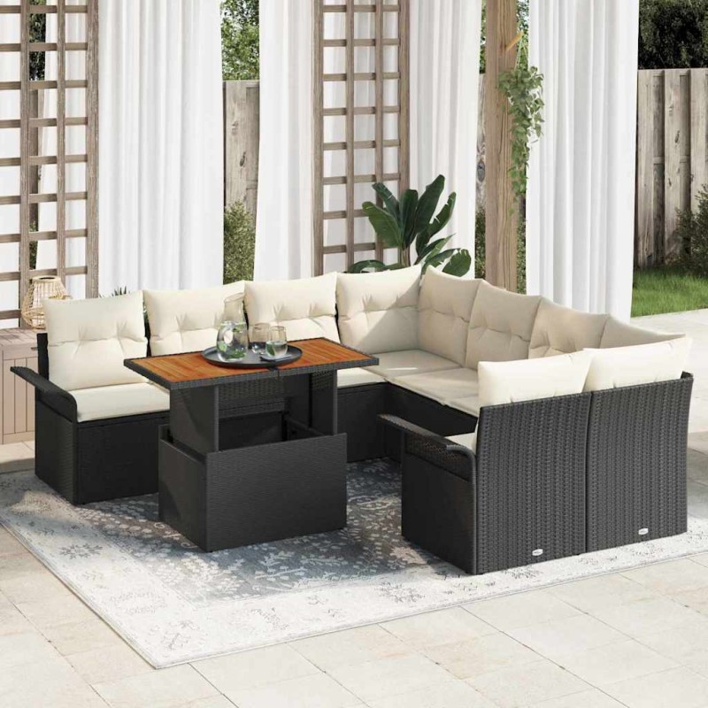 vidaXL Set da giardino da 9 pezzi con cuscini in rattan sintetico nero e acacia