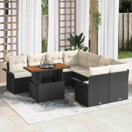 vidaXL Set da giardino da 9 pezzi con cuscini in rattan sintetico nero e acacia
