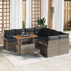 vidaXL Set di divani da giardino da 9 pezzi con cuscini grigi in polyrattan e acacia