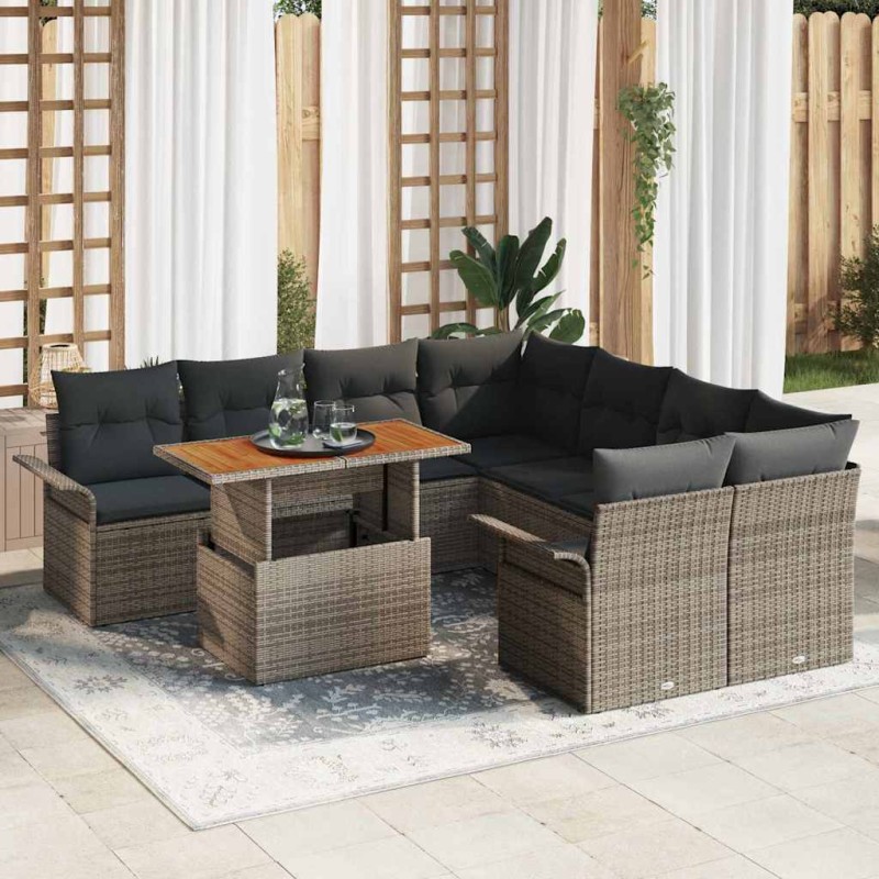 vidaXL Set di divani da giardino da 9 pezzi con cuscini grigi in polyrattan e acacia