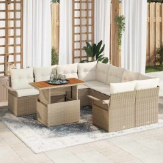 vidaXL Set di divani da giardino da 9 pezzi con cuscini beige in polyrattan e legno di acacia