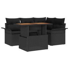 vidaXL Set Giardino 5 Pezzi con Cuscini in Rattan Poliestere Nero e Legno di Acacia