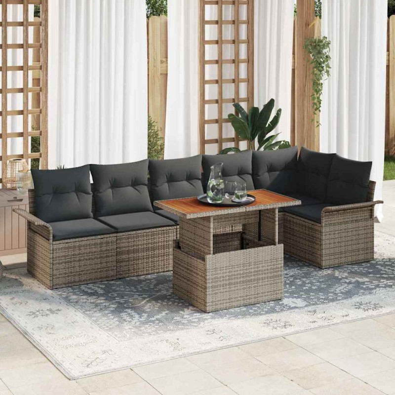 vidaXL Set da pranzo per il giardino in 7 pezzi con cuscini grigi in polirattan e acacia