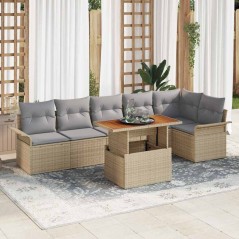 vidaXL Set da pranzo da giardino 7 pezzi con cuscini in rattan sintetico beige e acacia