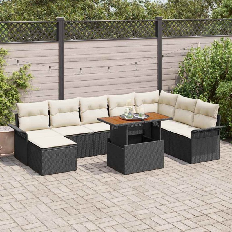 vidaXL Set da pranzo da giardino in 9 pezzi con cuscini in rattan nero e legno di acacia