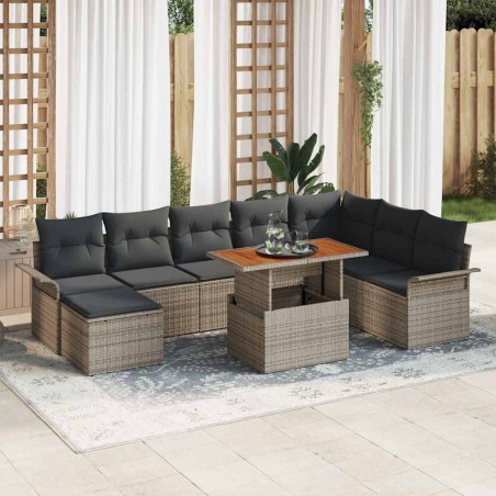 vidaXL Set da pranzo da giardino in 9 pezzi con cuscini grigi in rattan polietilene e legno acacia