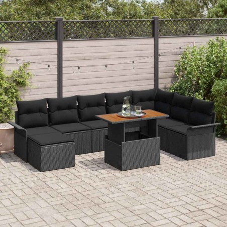 vidaXL Set da Pranzo da Giardino in 9 Pezzi con Cuscini in Rattan Plastico Nero e Acacia.