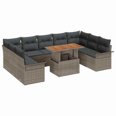 vidaXL Set da pranzo da giardino di 10 pezzi con cuscini, in rattan poliestere grigio e legno di acacia.