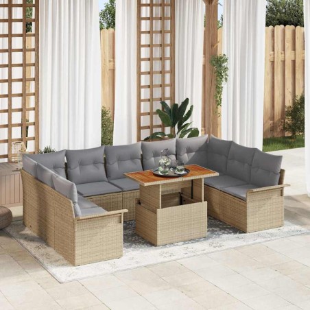 vidaXL Set Pranzo Giardino 10 Pezzi con Cuscini in Poly Rattan Beige e Acacia