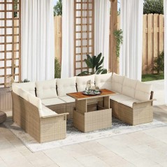 vidaXL Set da Giardino in 10 Pezzi con Cuscini Beige in Polyrattan e Tavolo in Acacia.
