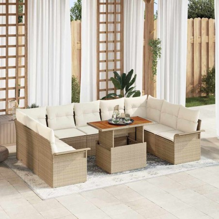 vidaXL Set da Giardino in 10 Pezzi con Cuscini Beige in Polyrattan e Tavolo in Acacia.