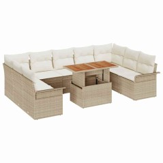 vidaXL Set da Giardino in 10 Pezzi con Cuscini Beige in Polyrattan e Tavolo in Acacia.