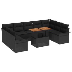 vidaXL Set da pranzo per il giardino da 10 pezzi con cuscini, in polirattan e acacia nera.