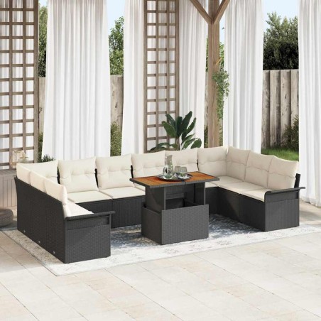 vidaXL Set da pranzo da giardino 11 pezzi con cuscini in polirattan nero e legno di acacia
