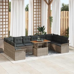 vidaXL Set da pranzo da giardino di 11 pezzi con cuscini grigi in rattan sintetico e acacia