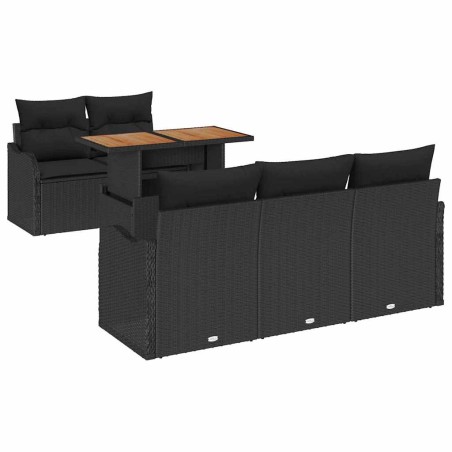 vidaXL Set Giardino 6 Pezzi con Cuscini, Rattan Plastica Nera, Tavolo in Acacia