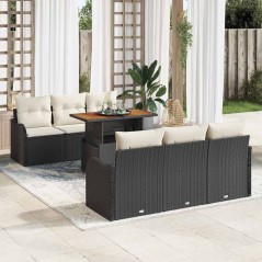 vidaXL Set di divani da giardino in 7 pezzi con cuscini neri in rattan poliestere e acacia.
