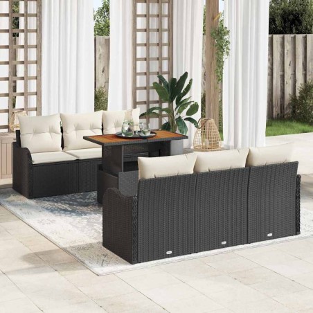 vidaXL Set di divani da giardino in 7 pezzi con cuscini neri in rattan poliestere e acacia.