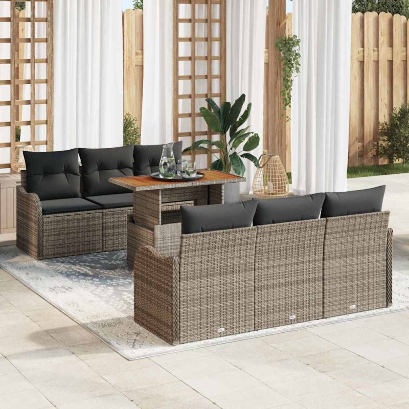 vidaXL Set di divani da giardino 7 pezzi con cuscini grigi in polirattan e acacia.