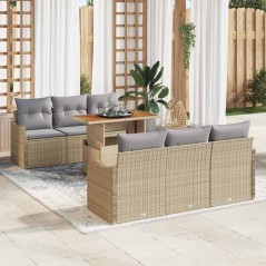 vidaXL Set da giardino di 7 pezzi con cuscini beige in rattan e struttura in polietilene e acacia.