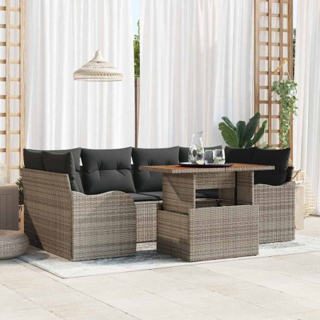 vidaXL Set Divani da Giardino 7 Pezzi con Cuscini Grigi in Rattan Sintetico e Legno di Acacia