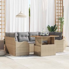 vidaXL Set divano da giardino 7 pezzi con cuscini beige in polirattan e legno d'acacia