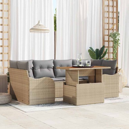 vidaXL Set divano da giardino 7 pezzi con cuscini beige in polirattan e legno d'acacia