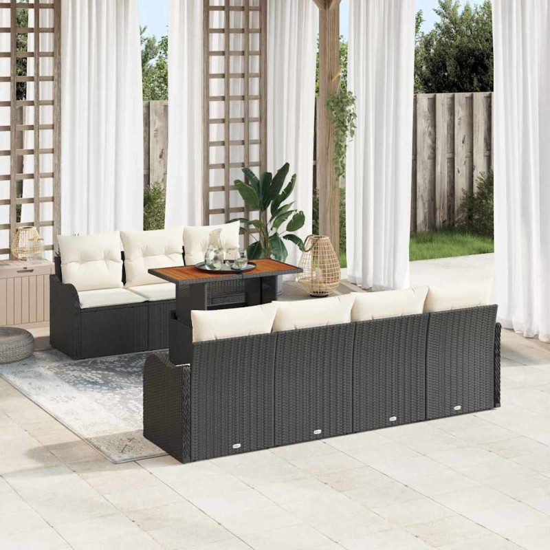 vidaXL Set di Divani da Giardino 8 Pezzi con Cuscini in Rattan Polyrattan Nero e Acacia.