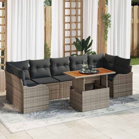 vidaXL Set di divani da giardino a 8 pezzi con cuscini grigi in polirattan e legno di acacia.