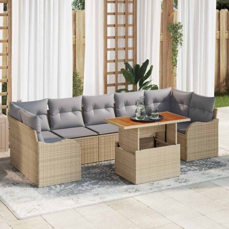 vidaXL Set di Sofà da Giardino 8 Pezzi con Cuscini Beige, Rattan Sintetico e Acacia