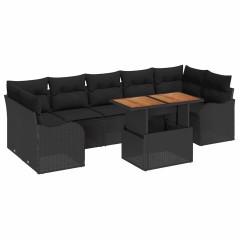 vidaXL Set da giardino in 8 pezzi di con cuscini in rattan sintetico nero e legno di acacia.