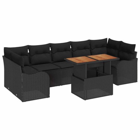 vidaXL Set da giardino in 8 pezzi di con cuscini in rattan sintetico nero e legno di acacia.