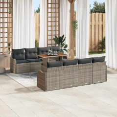 vidaXL Set da giardino in rattan sintetico grigio, 9 pezzi con cuscini in acacia.