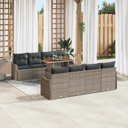 vidaXL Set da giardino in rattan sintetico grigio, 9 pezzi con cuscini in acacia.