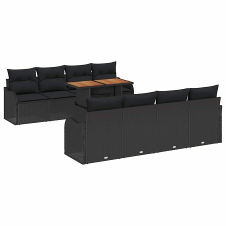 vidaXL Set Divano da Giardino 9 Pezzi con Cuscini in Rattan Nero e Acacia