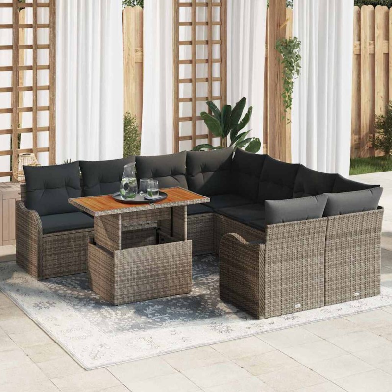 vidaXL Set di Divani da Giardino , 9 Pezzi, con Cuscini Grigi in Rattan Sintetico e Acacia.