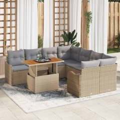 vidaXL Set Divano da Giardino 9 Pezzi con Cuscini Beige in Rattan Sintetico e Acacia
