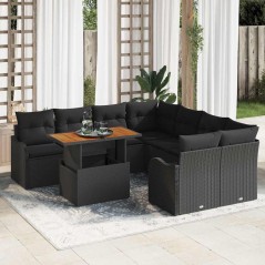 vidaXL Set da giardino con 9 pezzi di , cuscini in rattan sintetico nero e acacia.