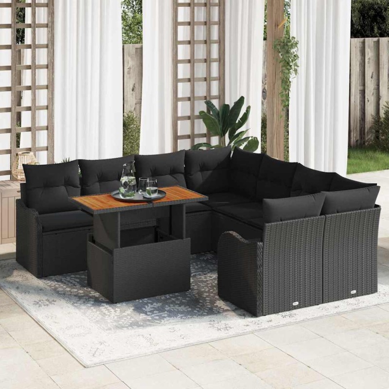 vidaXL Set da giardino con 9 pezzi di , cuscini in rattan sintetico nero e acacia.