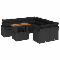 vidaXL Set da giardino con 9 pezzi di , cuscini in rattan sintetico nero e acacia.