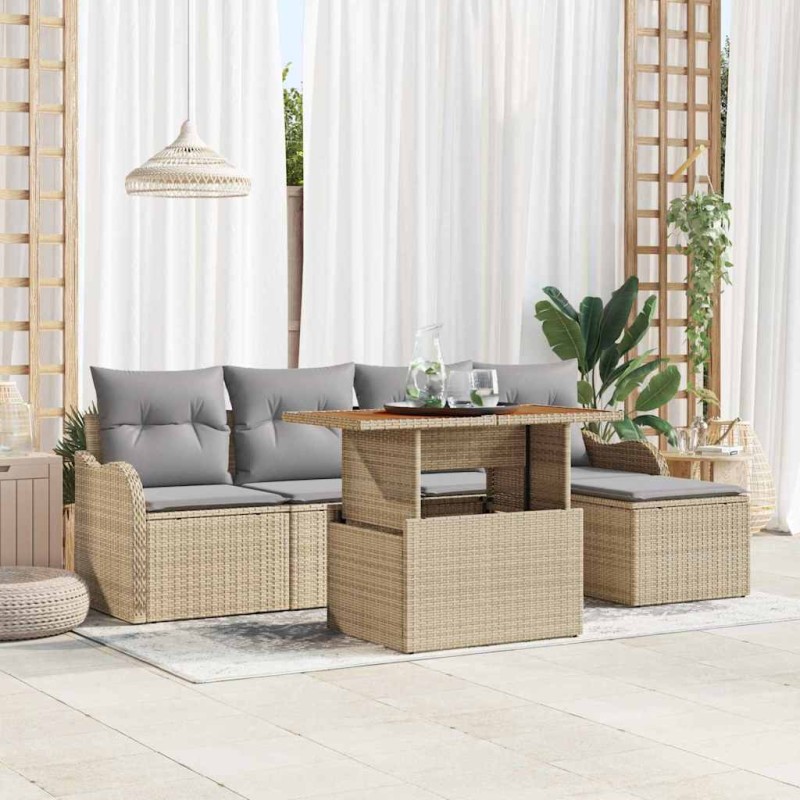 vidaXL Set Divano da Giardino 6 Pezzi con Cuscini Beige in Rattan e Acacia