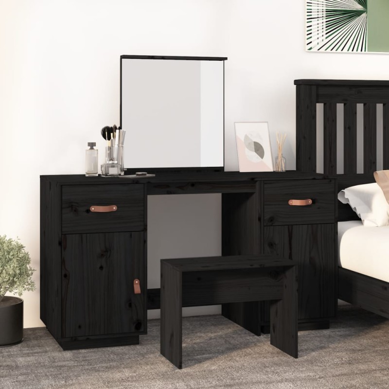 Set Toeletta con Specchio Nero in Legno Massello di Pino Set Toeletta con Specchio Nero in Legno Massello di Pino