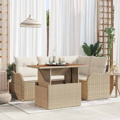 Set divani giardino 5 pezzi con cuscini beige in rattan sintetico e acacia