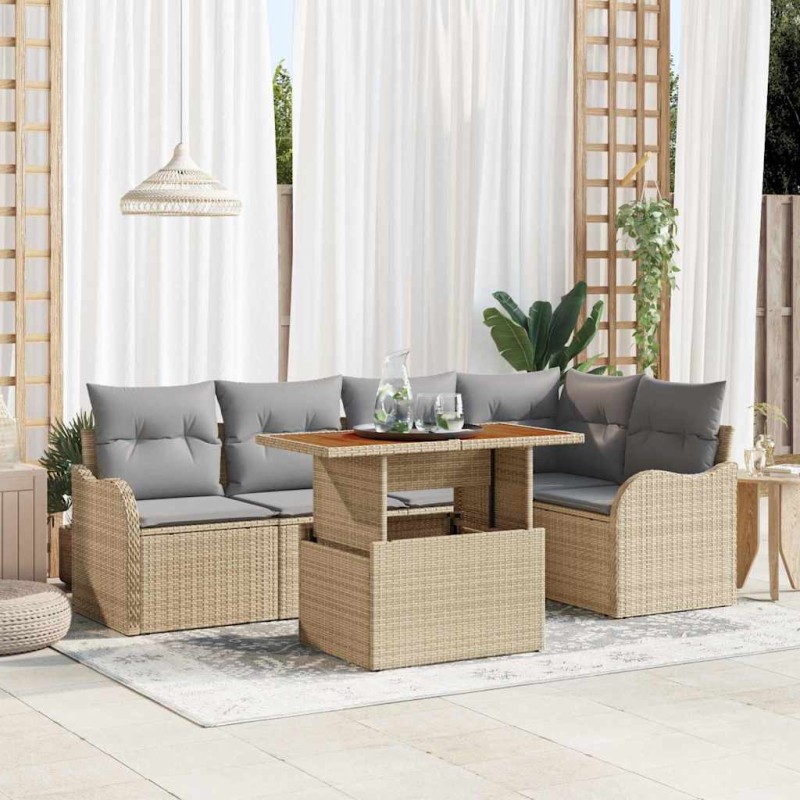 vidaXL Set di divano da giardino 6 pezzi con cuscini, in polirattan beige e legno di acacia.