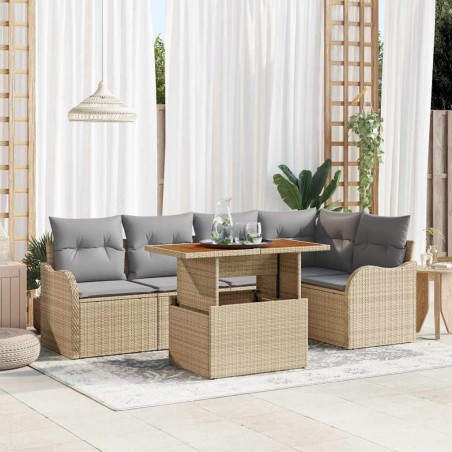 vidaXL Set di divano da giardino 6 pezzi con cuscini, in polirattan beige e legno di acacia.