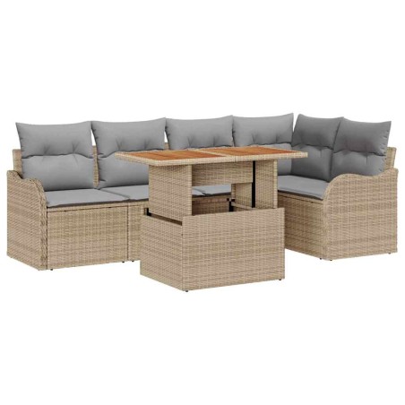 vidaXL Set di divano da giardino 6 pezzi con cuscini, in polirattan beige e legno di acacia.